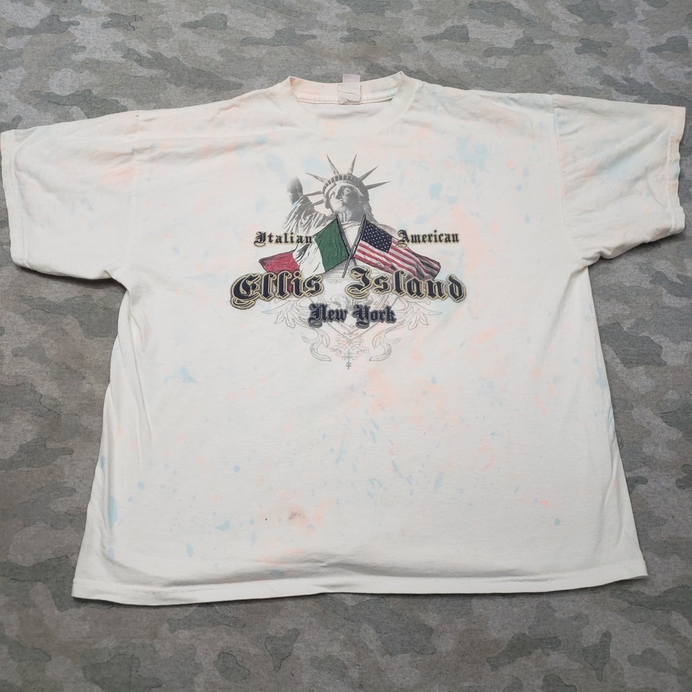Vintage Ellis Island Museum Shirt Mens XL White Tie Dye Short Sleeve